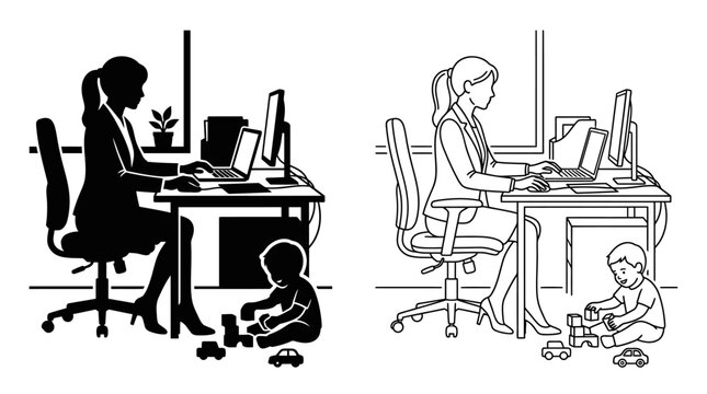 Woman Working At Desk With Child Black And White Silhouette