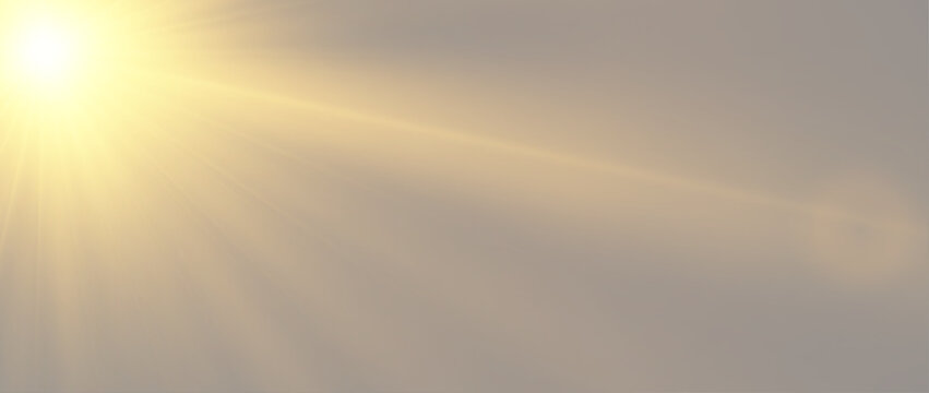 Soft Sun Flare with Gentle Golden Light Rays Shining from Top Left Corner on Grey Background