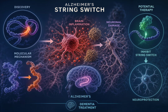 Alzheimer's String Switch molecular mechanism discovery triggering brain inflammation neuronal damage and potential therapy for dementia treatment research illustration