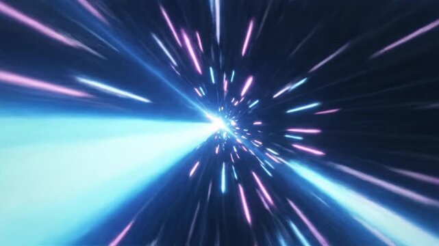 Abstract light trails of blue and pink zoom into a bright white light, representing speed, motion, and the future of technology and travel