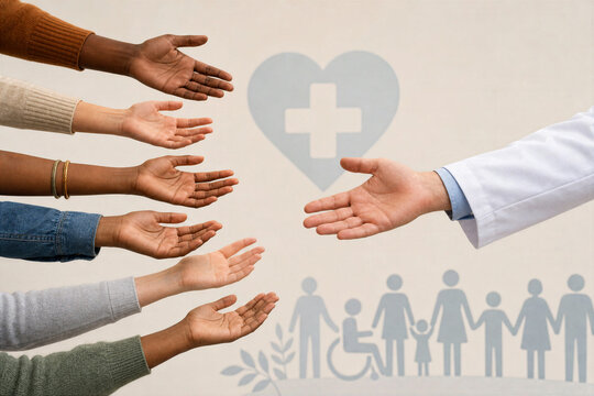 Access to healthcare with diverse hands reaching toward doctor's hand symbolizing health equity inclusive medical care community support compassion diversity patient care advocacy