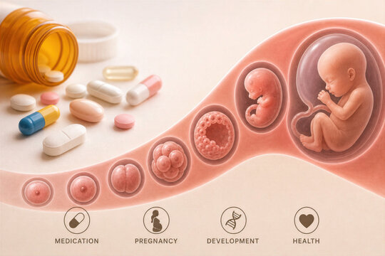 Prenatal medication and embryology concept with pills and supplements illustrating embryo development embryogenesis fetal growth pregnancy health prenatal care medication risks benefits