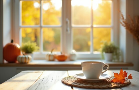 White mug with hot drink on table. Autumn season scene through window with colorful trees and pumpkins. Cozy morning indoors, warm light filters through glass.
