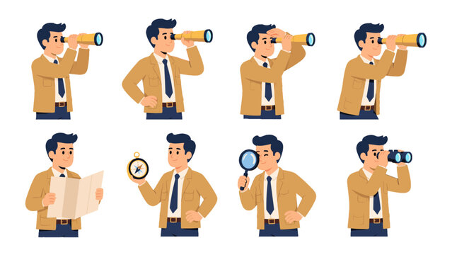 Businessman explorer character set with search tools