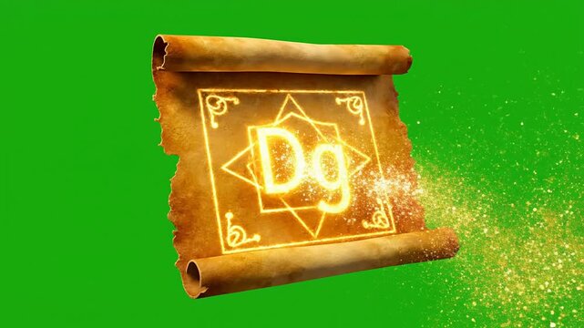 Glowing Magical Scroll With Illuminated Letters 'Dg' Floating Against Green Screen Background for Visual Effects and Compositing