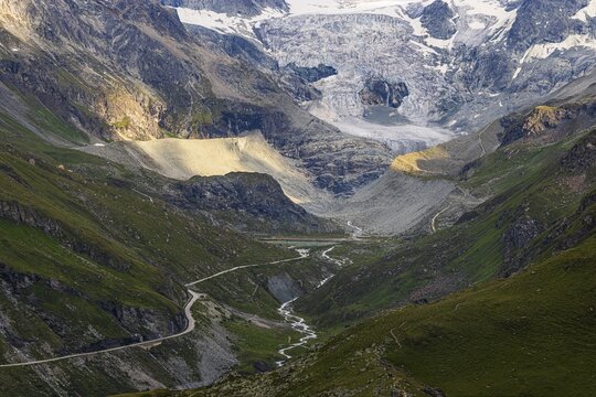 A pass road leads to the Moiry Glacier and the Moiry Glacier Lake, above Grimentz, Val d'Anniviers, Valais Alps, Canton Valais, Switzerland