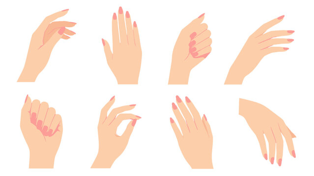 Set of female hands with pink manicured nails in various poses