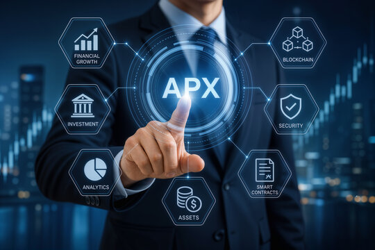 Business professional touching digital APX interface with blockchain icons for financial growth investment analytics security smart contracts assets fintech innovation corporate technology