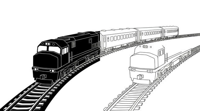 Train locomotives and railcars black and white line drawing
