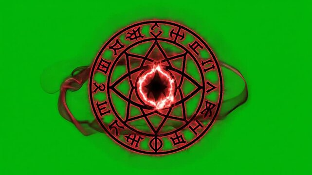 Glowing Red Pentagram Symbol On Vibrant Green Background, Ideal For VFX, Overlays, And Supernatural Themed Projects
