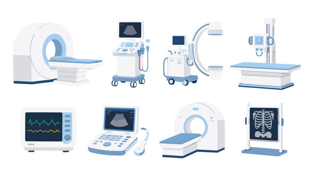 Medical diagnostic imaging equipment set in flat vector style