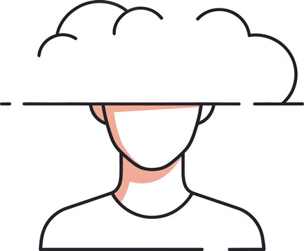 Brain fog concept line art illustration with a person's head stuck in a flat cloud line