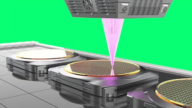 3d rendering EUV lithography systems with silicon wafers for semiconductor manufacturing on green screen 4k footage