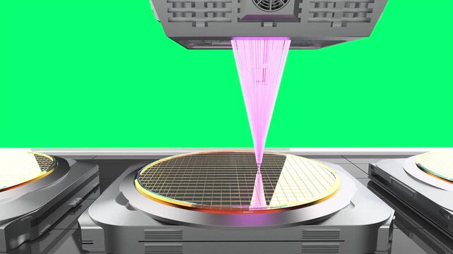 3d rendering EUV lithography systems with silicon wafers for semiconductor manufacturing on green screen 4k footage