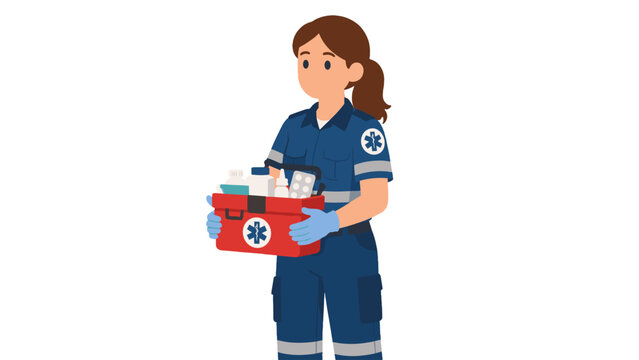 Female paramedic holding a first aid kit and medical supplies