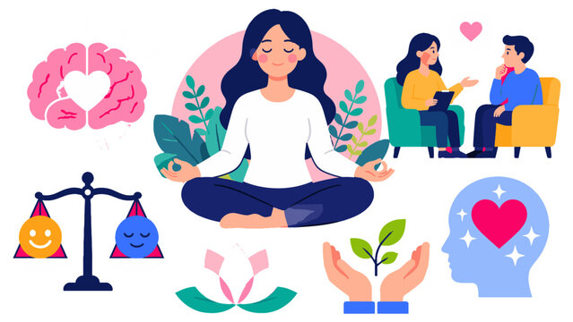 Mental wellness and therapy concept with meditation icons