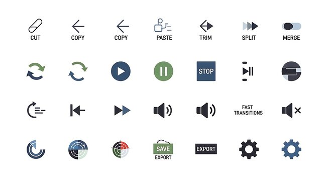 A collection of various media player and editing icons for video and audio software applications