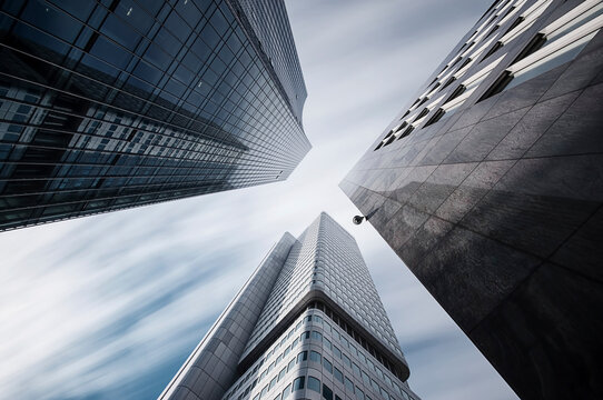 Germany, Hesse, Frankfurt, high-rise buildings Skyper and Silver tower, long exposure