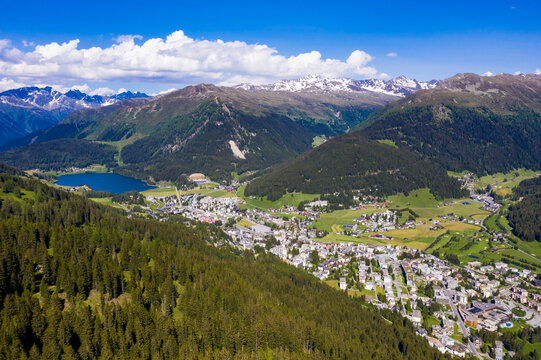 Switzerland, Canton of Grisons, Davos, Aerial view of alpine town in summer