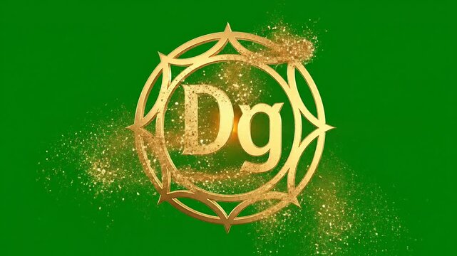 Golden Glittering Logo Dg In Circular Emblem With Sparkling Effects On Green Background For Branding And Advertising