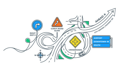 Road trip illustration: highway signs, junctions, and directions © ijo