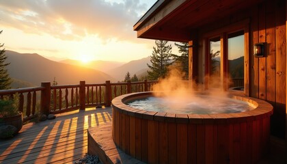 Obraz premium Wooden hot tub steams on deck with mountain sunrise view. Relaxing hot spring bath on wooden cabin terrace. Warm water jacuzzi steam against mountain panorama at dawn.