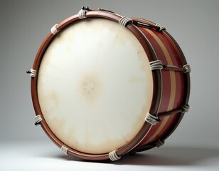 Obraz premium Bass drum with white skin and red and yellow striped shell. Wood rim secured with ropes. Percussion instrument for marching band or orchestra. Musical object for rhythmic beat.