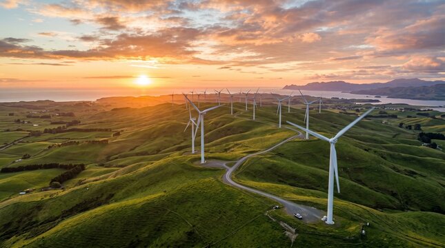 Onshore Wind Turbines in Green Landscape at Sunset for Renewable Energy