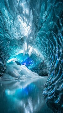 Glowing Blue Ice Cave Interior with Reflective Water and Ethereal Light