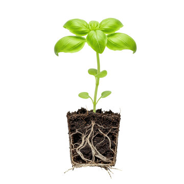 Healthy young basil plant seedling with vibrant green leaves and intricate exposed root ball, against a transparent background with copy space, concept of botanical purity and growth