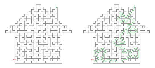 Fototapeta premium Children's vector maze in the shape of a house with solution on a transparent background 
