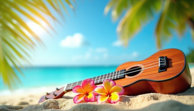 Wooden ukulele with plumeria flowers rests on sand beach. Tropical ocean water and blue sky background. Palm leaves frame sunny scene. Summer vacation mood.