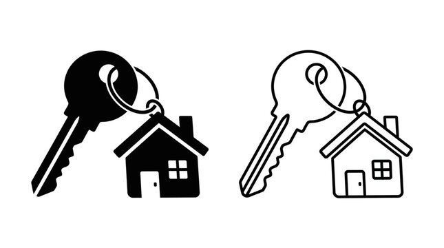 Key with house shape icon black and white line art style