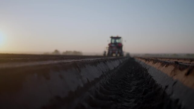 Agricultural industry: seeding tractor plowing, sowing grain wheat seeds and seedsman creates rows furrows for crops on dry farm cultivated land in sunset field. Spring plowed field with dark soil