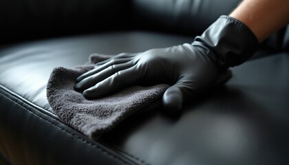 Fototapeta premium Hand in black glove wipes dark leather surface with microfiber cloth. Cleaning furniture with care. Maintaining household items hygiene. Protecting material from dirt.