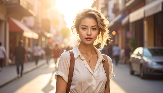 Portrait of a woman with curly blonde hair and a white shirt standing on a sunlit European street. She is facing the viewer