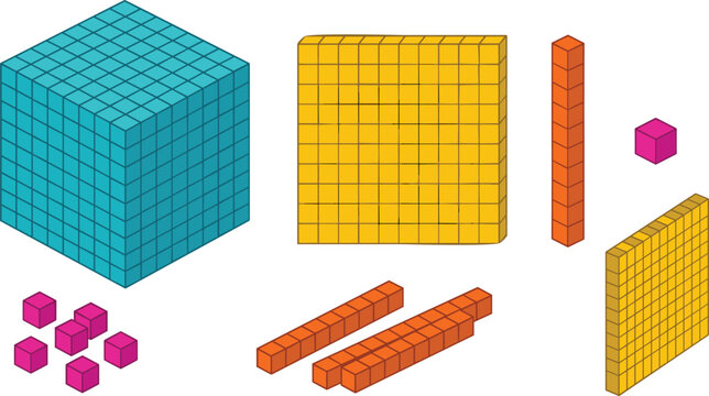 Base Ten Blocks Math Manipulatives Vector Clip Art Set Featuring Thousands Cube, Hundreds Flats, Tens Rods, and Ones Units for Educational Designs