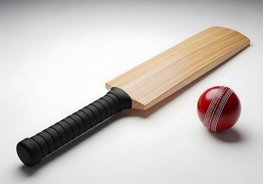 Wooden cricket bat with a red leather ball for a professional match game