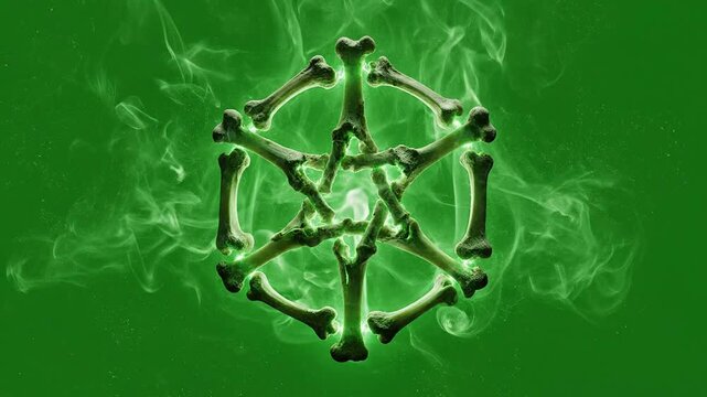 Intricate Geometric Design Featuring Glowing Bones Arranged in An Ethereal Green Smoke Pattern On Vibrant Green Background