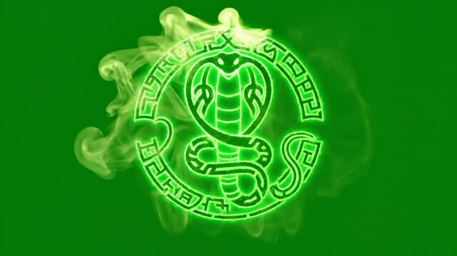Intricate Glowing Green Snake Logo Design with Symbolic Patterns Against Vibrant Green Background Surrounded by Mist for Branding and VFX