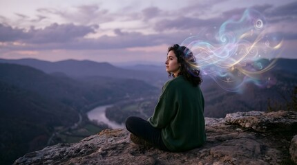 Fototapeta premium A woman sitting in meditation on a mountain cliff overlooking a valley at sunset, with abstract spiritual energy swirls around her.