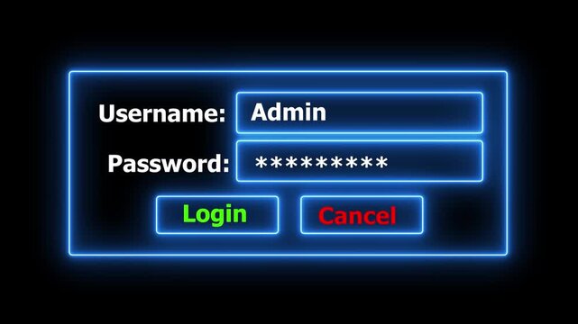 Neon Login Box - Username and Password in Internet Browser on Computer Screen. Neon Login Screen with Username and Password Field. Security password login. digital identity security technology concept