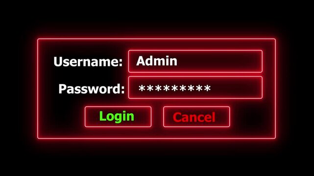 Neon Login Box - Username and Password in Internet Browser on Computer Screen. Neon Login Screen with Username and Password Field. Security password login. digital identity security technology concept
