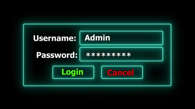Neon Login Box - Username and Password in Internet Browser on Computer Screen. Neon Login Screen with Username and Password Field. Security password login. digital identity security technology concept