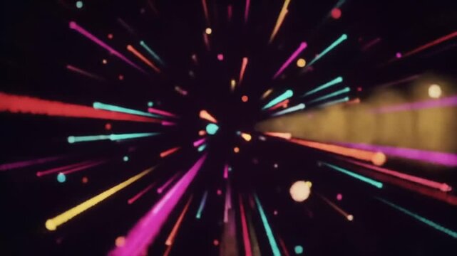Abstract colorful explosion of light beams from a central point on a dark background, conveying energy and movement