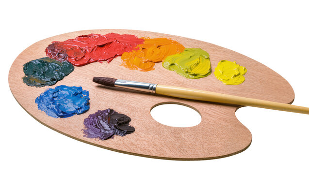 Wooden artist palette with colorful oil paints and brush