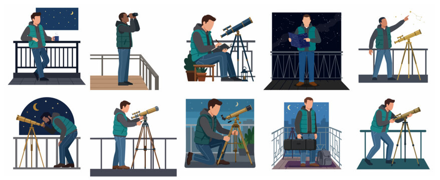 Set of flat vector illustrations of amateur astronomers stargazing from balconies at night using telescopes, binoculars, and star maps for astronomy hobby.