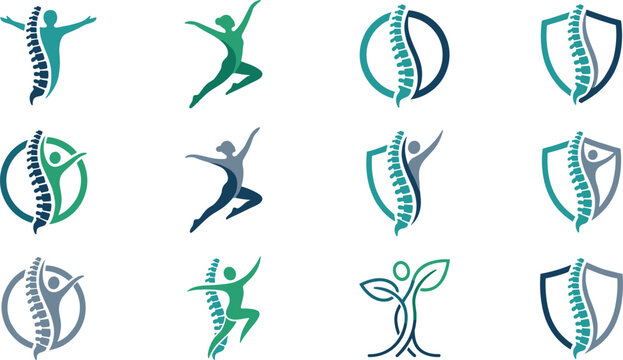 Chiropractic Spine Care Logo Set with Abstract Human Silhouettes Shields Circles and Leaf Elements for Orthopedic Medical Clinic Branding Vectors