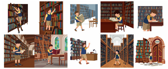 Vector illustration set of a young boy in a library reading, climbing ladders, and exploring bookshelves for knowledge and education. © ArtlowMedia