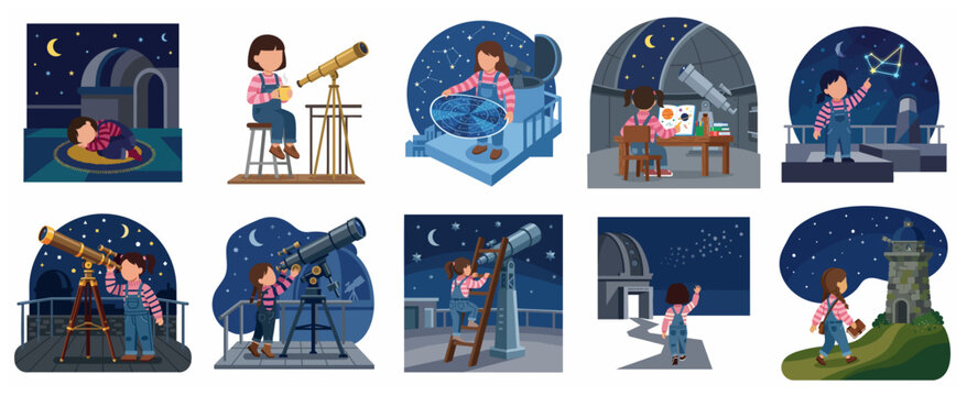 Collection of flat vector illustrations featuring a young girl exploring the wonders of astronomy, using telescopes and star maps at an observatory during a starry night.